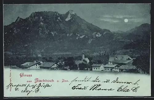 Mondschein-AK Fischbach a. Inn, Ortsansicht bei Vollmond