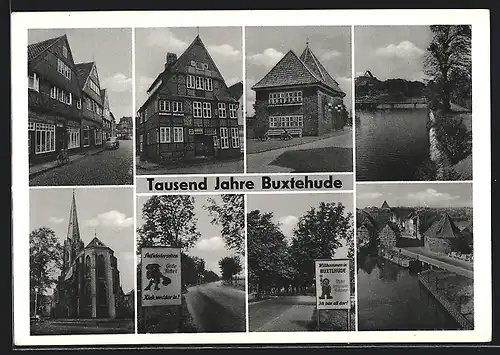 AK Buxtehude, Strassenpartie mit Geschäften, Kirche, tausendjähriges Jubiläum