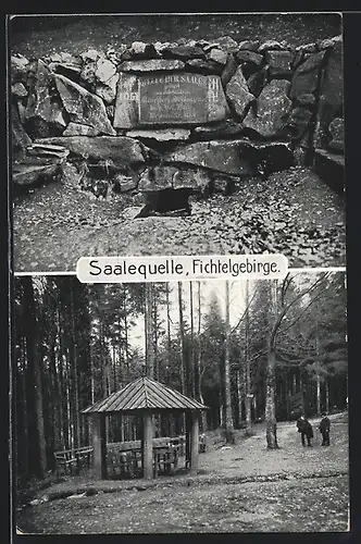 AK Saalequelle /Fichtelgebirge, Blick auf Steinplatte und Pavillon