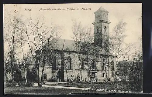 AK Fürth, Auferstehungskirche mit Anlagen im Stadtpark