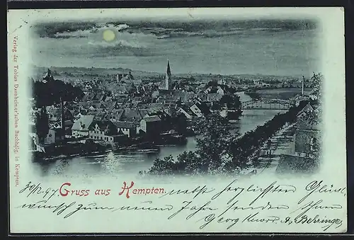 Mondschein-AK Kempten, Ortsansicht bei Vollmond