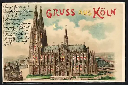 Lithographie Köln /Rh., Dom von oben gesehen, Halt gegen das Licht: Erleuchtete Fenster, Mondsichel