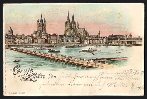 Lithographie Köln, Partie am Rhein mit Blick auf den Dom, Halt gegen das Licht: Erleuchtete Fenster, Mondsichel