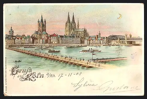 Lithographie Köln, Partie am Rhein mit Blick auf den Dom, Halt gegen das Licht: Erleuchtete Fenster, Mond