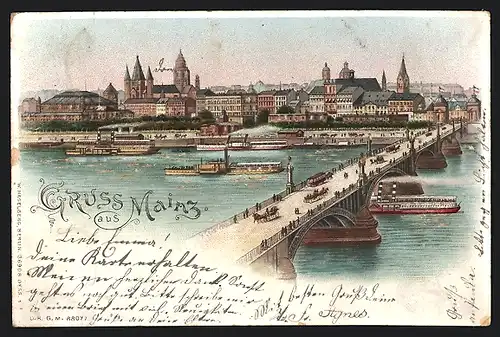 Lithographie Mainz, Ortsansicht mit Brücke, Halt gegen das Licht: Erleuchtete Fenster