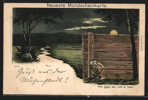 Lithographie Neueste Mondscheinkarte, Scherz, Halt gegen das Licht: Glatzkopf hinter der Holzwand