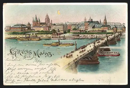 Lithographie Mainz, Ortsansicht mit Brücke, Halt gegen das Licht: Erleuchtete Fenster, Mondsichel