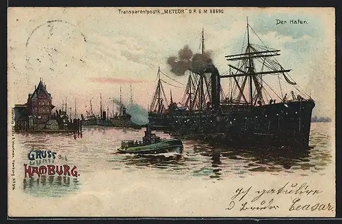 Lithographie Hamburg, Der Hafen mit Dampfer, Halt gegen das Licht: Gewitter, Blitze