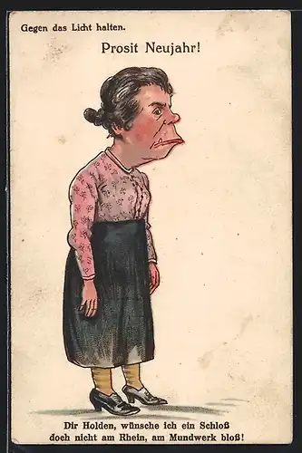 Lithographie Ältere Frau mit grossem Mund und Schloss, Halt gegen das Licht
