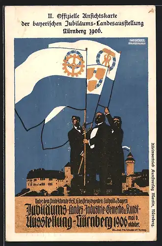 AK Nürnberg, Jubiläums-Landesausstellung 1906, Fahnen, Ganzsache Bayern