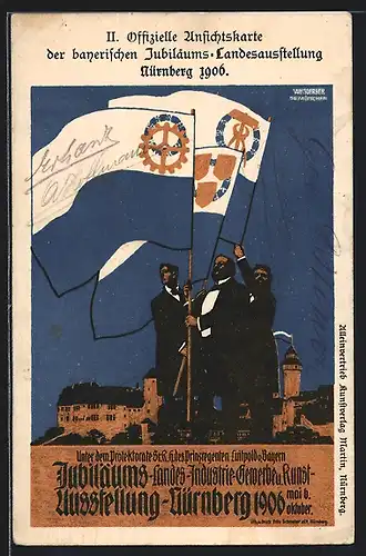 AK Nürnberg, Jubiläums-Landesausstellung 1906, Fahnen, Ganzsache Bayern