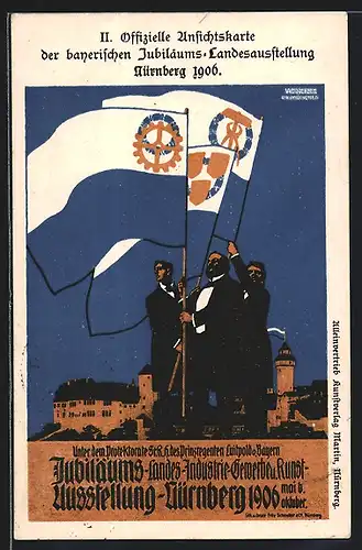 AK Nürnberg, Ganzsache Bayern, Jubiläums-Landesausstellung 1906, Fahnen