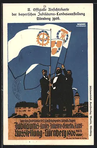 AK Nürnberg, Ganzsache Bayern, Jubiläums-Landesausstellung 1906, Fahnen