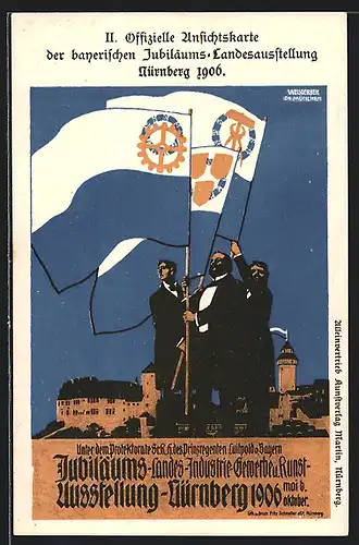 AK Nürnberg, Ganzsache Bayern, Jubiläums-Landesausstellung 1906, Fahnen