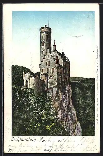 Goldfenster-AK Lichtenstein, Burg mit leuchtenden Fenstern