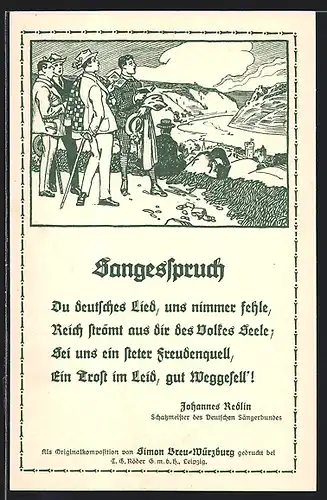 AK Hannover, 9. Deut. Sängerbundesfest 1924, Sangesspruch, Sängergruppe oberhalb einer Ortschaft, Ganzsache