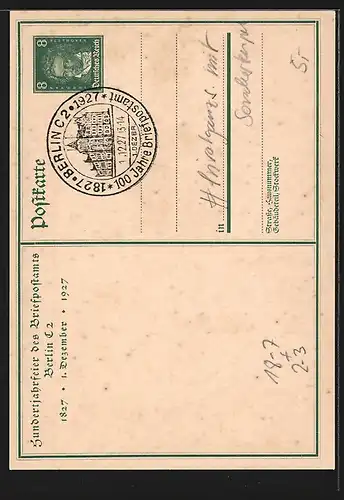 Künstler-AK Berlin, Hundertjahrfeier des Briefpstamts Berlin C2, 1927, Berliner Briefträger 1827, Ganzsache