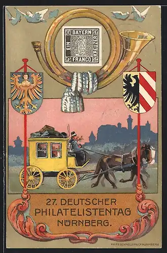 Künstler-AK Nürnberg, 27. Deutscher Philatelistentag, Briefmarke, Postkutsche, Wappen, Ganzsache