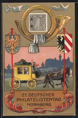 Künstler-AK Nürnberg, 27. Deutscher Philatelistentag 1921, Briefmarke, Postkutsche, Ganzsache