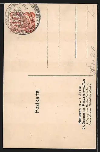 Künstler-AK Nürnberg, 27. Deutscher Philatelistentag 1921, Briefmarke, Postkutsche, Ganzsache