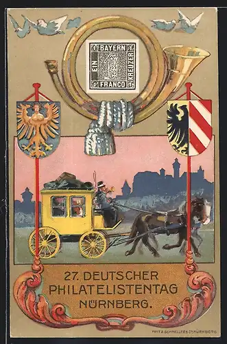 Künstler-AK Nürnberg, 27. Deutscher Philatelistentag 1921, Briefmarke, Postkutsche, Ausstellung, Wappen, Ganzsache