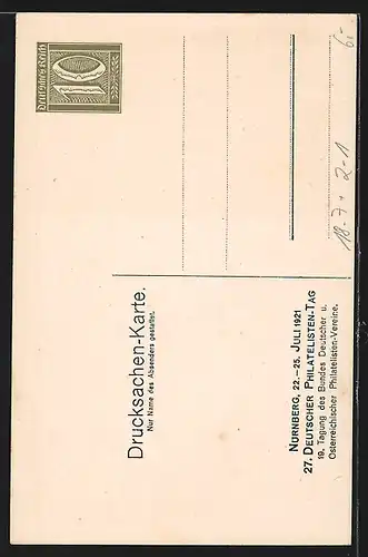 Künstler-AK Nürnberg, 27. Deutscher Philatelistentag 1921, Briefmarke, Postkutsche, Ausstellung, Wappen, Ganzsache