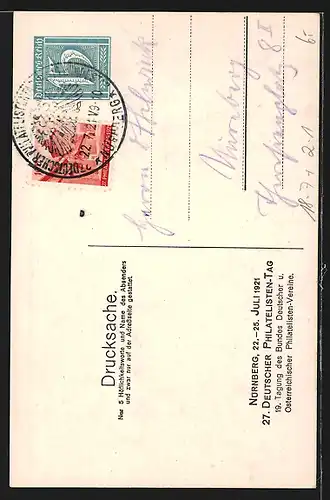 Künstler-AK Nürnberg, 27. Deutscher Philatelistentag 1921, Postkutsche, Ausstellung, Wappen, Ganzsache