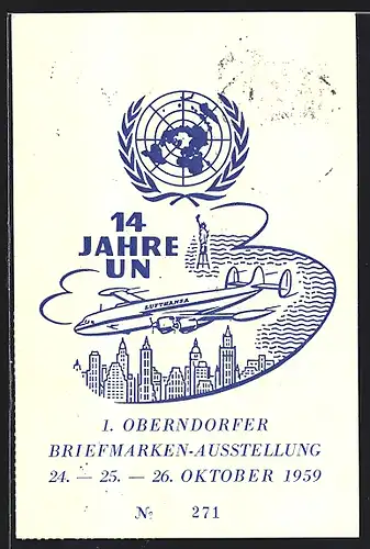 AK Oberndorf, 1. Briefmarken-Ausstellung 1959, Flugzeug der Lufthansa, Freiheitsstatue, UNO-Symbol, Stempel Flugpost