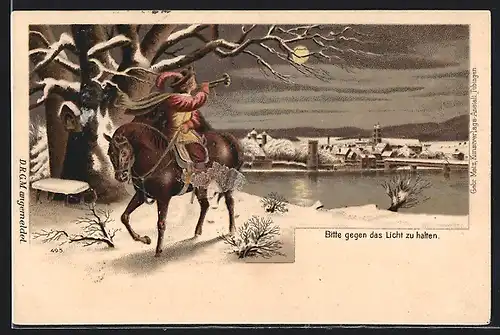 Lithographie Säckingen, Trompeter von Säckingen zu Pferde am Ufer, Halt gegen das Licht: Behüt Dich Gott!