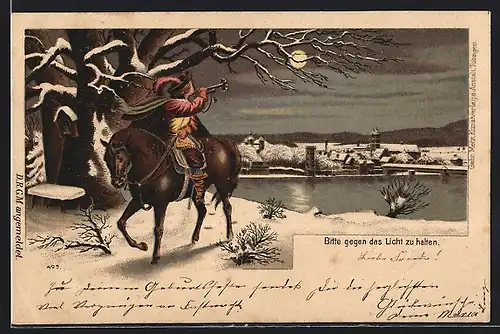 Lithographie Säckingen, Trompeter von Säckingen zu Pferde am Ufer, Halt gegen das Licht: Behüt Dich Gott!