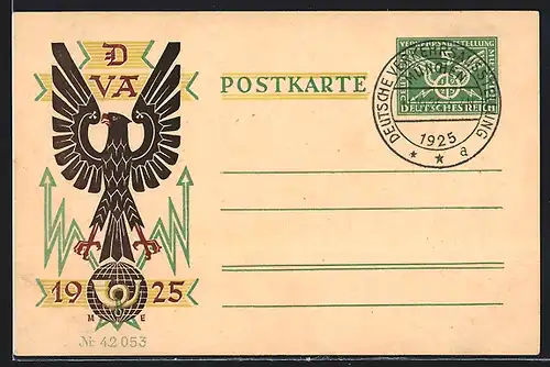 AK München, Deutsche Verkehrsausstellung 1925, Adler mit Posthorn, Ganzsache