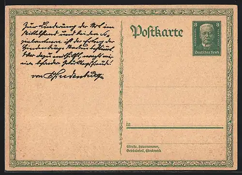 AK Ganzsache, Briefmarke mit Konterfei des Paul von Hindenburg