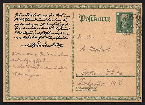 AK Postkarte mit Paul von Hindenburg, Ganzsache