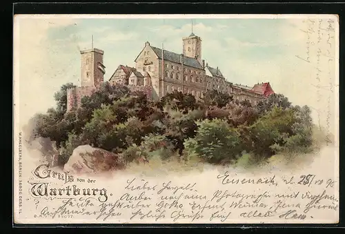 Lithographie Wartburg, Anblick des Schlosses, Halt gegen das Licht: beleuchtete Fenster