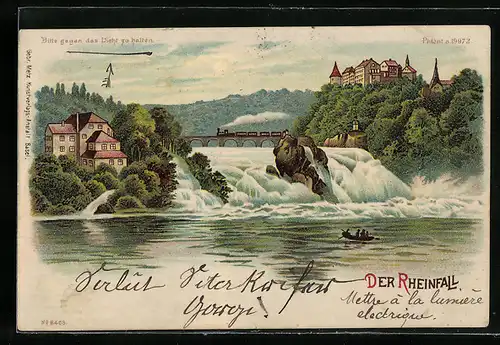 Lithographie Rheinfall mit Gebäuden, Brücke und Eisenbahn, Halt gegen das Licht: Vollmond