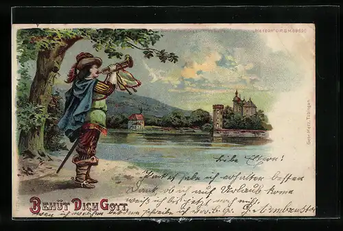 Lithographie Behüt Dich Gott!, Trompeter von Säckingen, Halt gegen das Licht: Abschied bei Blitz und Donner