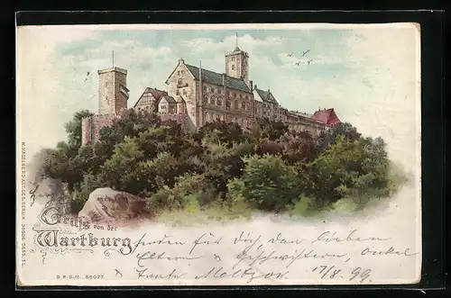 Lithographie Wartburg, Anblick des Schlosses, Halt gegen das Licht: helle Fenster