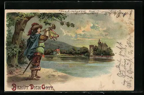Lithographie Behüt Dich Gott!, der Trompeter am Fluss stehend, Halt gegen das Licht: Gewitter