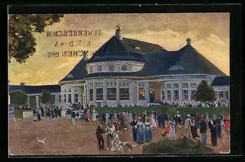 Künstler-AK München, Bayrische Gewerbeschau 1912, Restaurant, Ganzsache Bayern