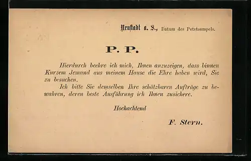 AK Neustadt a. S., Vertreteranzeige der Firma F. Stern, Ganzsache