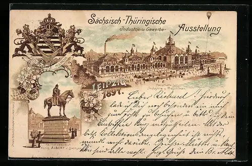 Lithographie Leipzig, Sächs.-Thür. Industrie- und Gewerbe-Ausstellung 1897, Haupthalle, Wappen, Ganzsache