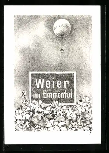 AK Ballonkameradschaft Gusti Abernhardt und Ernst Schärlig, Stempel Ballonpost und Autographen