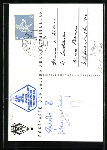 AK Ballonkameradschaft Gusti Abernhardt und Ernst Schärlig, Stempel Ballonpost und Autographen