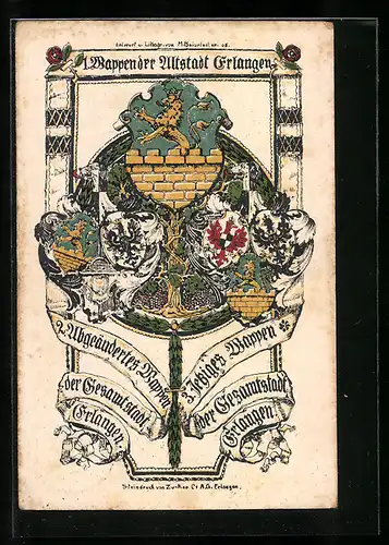 Künstler-AK Erlangen, 1. Wappen der Stadt Erlangen und 2. Abgeändertes Wappen, 3. Wappen, Ganzsache Bayern