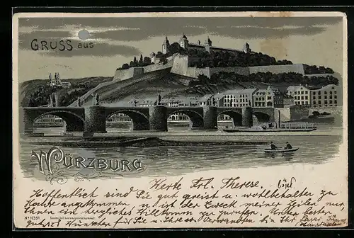 Mondschein-Lithographie Würzburg, Uferpartie mit Festung