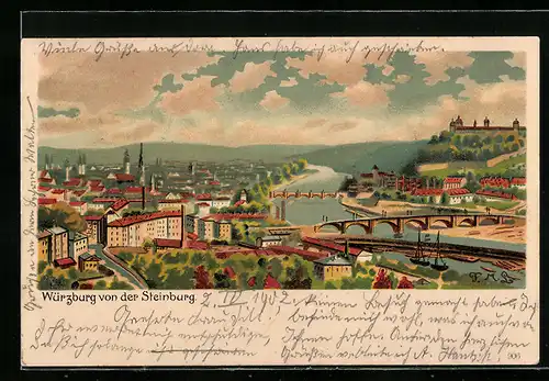 Lithographie Würzburg, Blick von der Steinburg