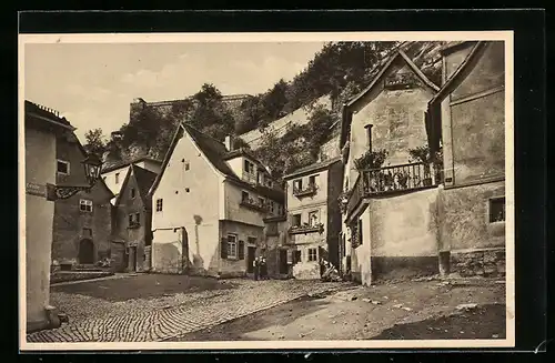 Lithographie Würzburg, Strasse am Hirtenhof mit Felsengasse