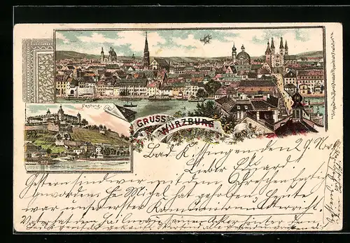 Lithographie Würzburg, Teilansicht mit Kirche, Festung