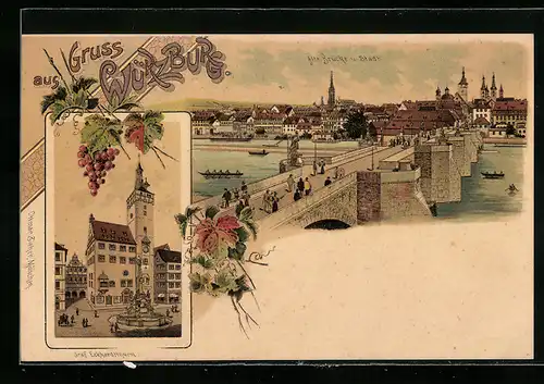 Lithographie Würzburg, Teilansicht, Alte Brücke und Stadt, Graf Eckhardtthurm