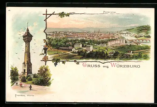 Lithographie Würzburg, Panorama der Stadt, Franken-Warte